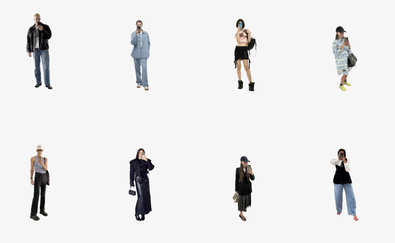 A picture of 8 stickerized people in outifts portraying a digital wardrobe.